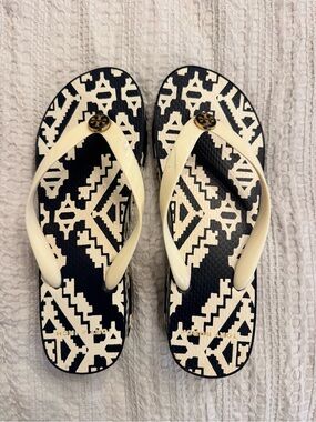 Tory Burch Navy & Cream Geometric Logo Flip Flops